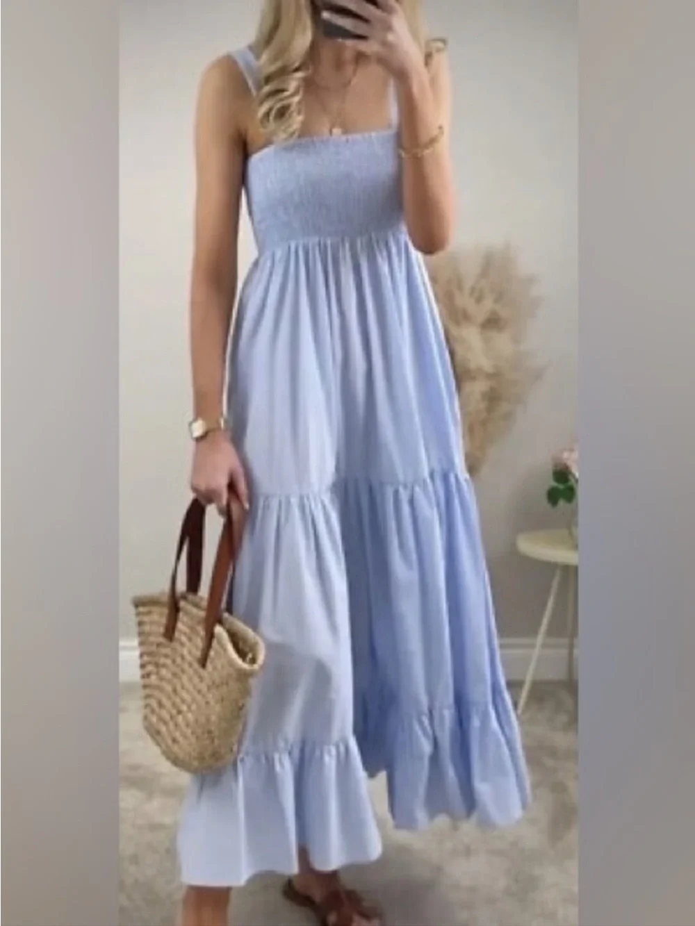 ZARA Light Blue Smocked Tiered Midi Maxi Dress
